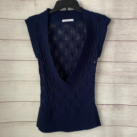 Charlotte Russe Navy Blue Knit Sweater Sheer Deep V-Neck Short Sleeves Medium - Picture 7 of 9